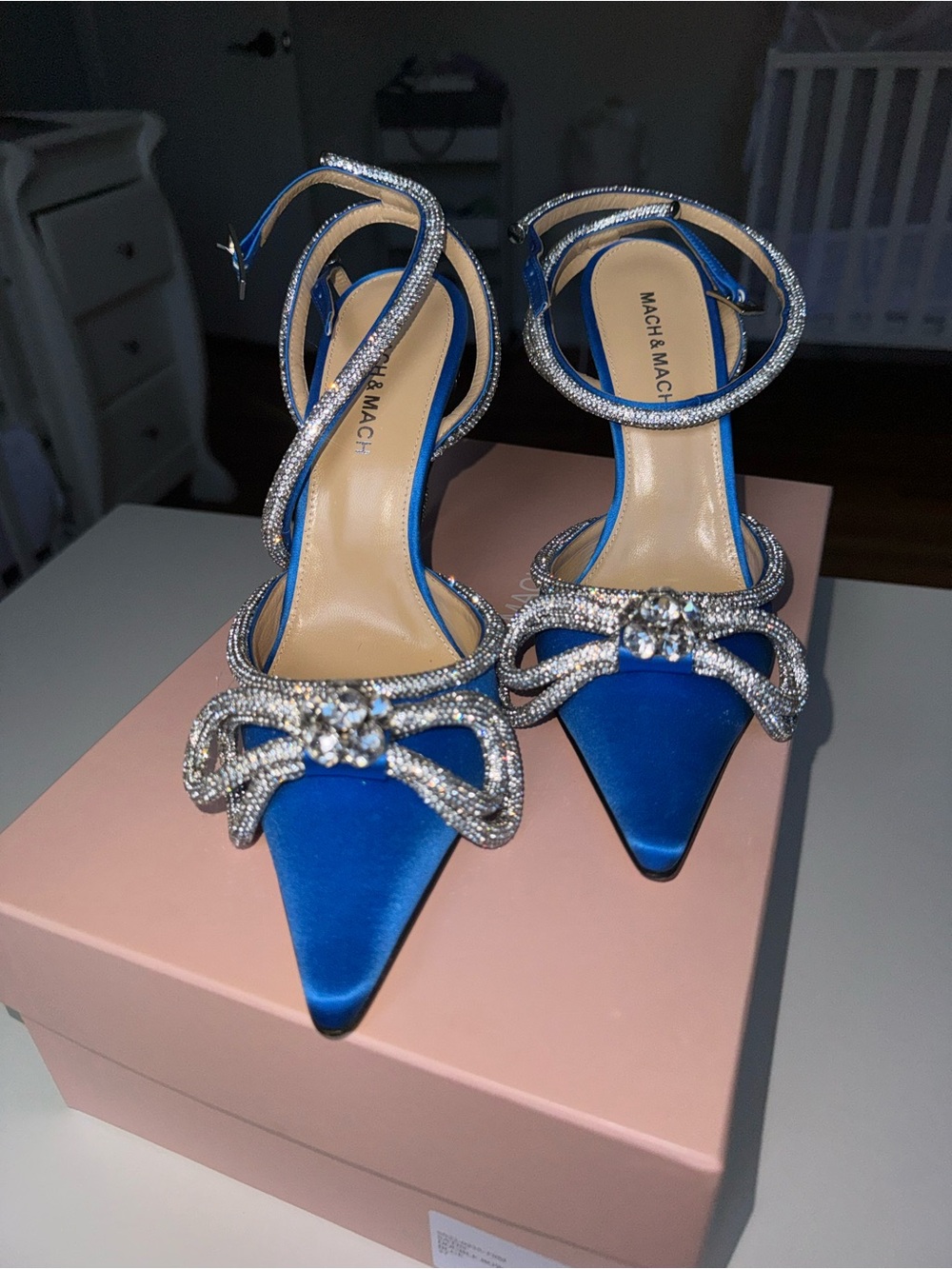 MACH & MACH Sapphire Blue Satin Pointed-Toe Heels with Crystal Bow